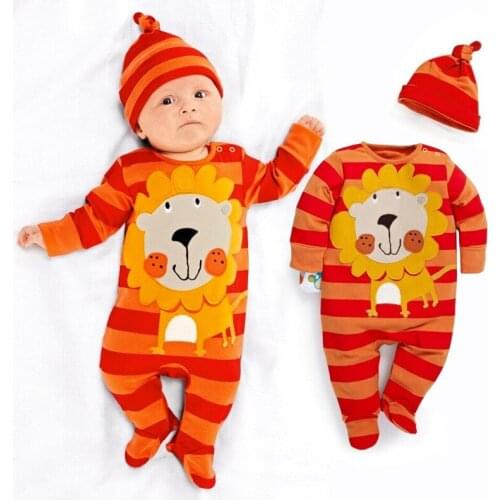 Stripe Lion Cute Baby Boys Clothes Newborn Rompers Hat Sets Orange Bebe Pajamas Suit Jumpsuit