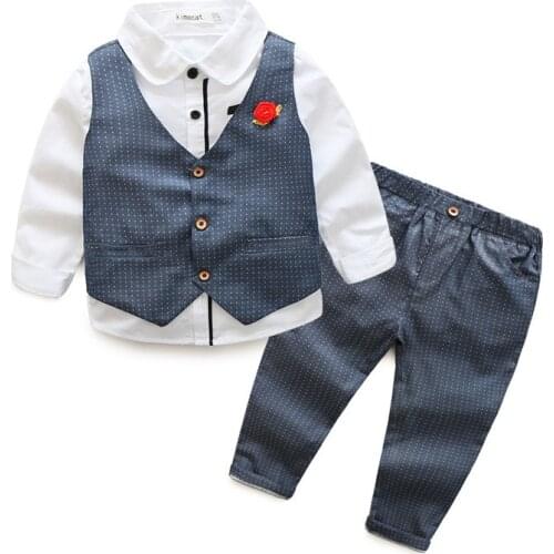 Fashion Toddler Kids Clothes Set for Boy 2021 Autumn White Shirt + Vest + Pants + Bow 4 Pieces Plaid Children Birthday Party