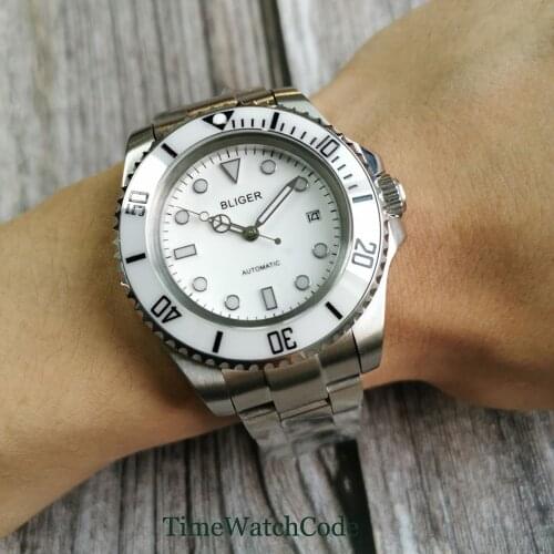 Bliger 44mm mens watch 21 jewels Japan Miyota8215 automatic movement SEA Homage white dial oyster bracelet date ceramic bezel