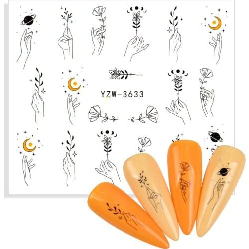 1 Sheet 3D Black Cartoon Animal Water Transfer Sticker Fruit Flower Leaf Anime Nail Art Decoration Watermark Decal