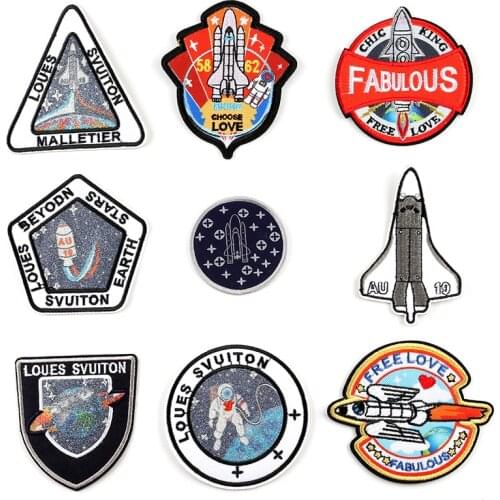 Rocket Space Astronaut Iron On Cartoon Cloth Patches Embroidered Badges Abstract Kids Patch For Clothes Stickers Planet