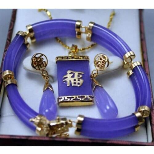 NEW Noblest Genuine Purple Jade Pendant Earring Bracelet