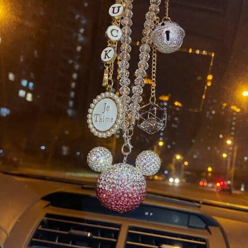 Fashion Diamond Cartoon Mickey Ball Car Pendant Rhinestone Crystal Chain Car Mirror Hanging Girl Interior Decoration Accessories