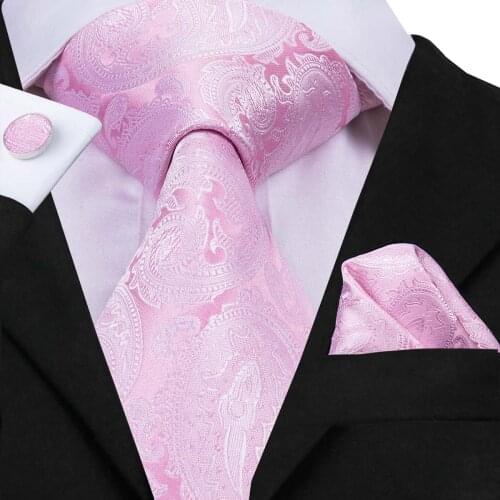 Hi-Tie Silk Tie Set Mens Pink Floral Tie and Handkerchief Cufflinks Set 8.5cm Wide Mens Suit Fashion Wedding Tie Pink C-3061