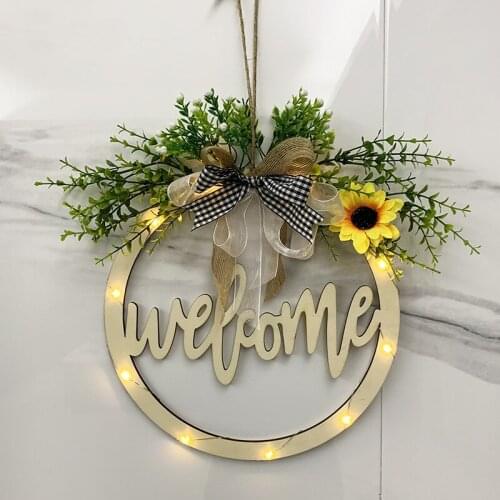 Spot welcome wooden card Easter decoration home decoration door pendant with light hollow welcome wreath