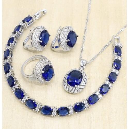 Silver Color Jewelry Sets for Women Blue Semi-precious Hoop Earrings Pendant Necklace Rings Bracelet Wedding Gift