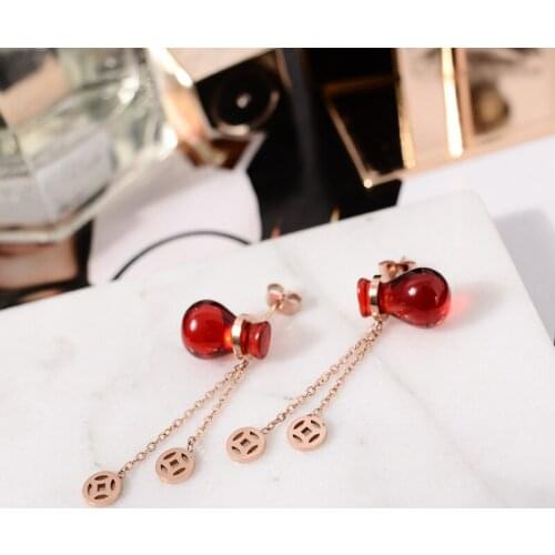 YUN RUO 2020 Elegant Red Money Bag Earring Woman Rose Gold Color Titanium Steel Jewelry Girl Gift Party Never Fade Drop Shipping