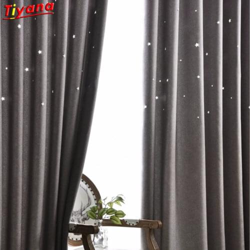 Gray Solid Linen 3D Hollow Stars Shade Curtains For Kids Living Room Bedroom Blackout Cloth Summer Romantic Cortinas W-HM038B#3