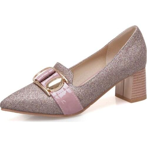 Block High Heels Women Pumps Luxury Glitter Chunky High Heels Party Shoes Buckle Pointed Toe Shoes Ladies Spring Size 44 45 46