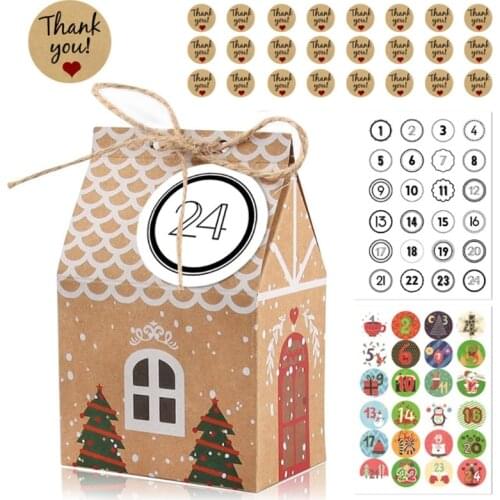 Small House Shape Christmas Advent Calendar Paper Candy Box 24 Days Christmas Element Candy Bags with Number Stickers