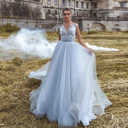 Boho Sheer Deep V Neck Sexy Wedding Dress Robe Boheme Glitter Tulle A Line New Mariage Bridal Gowns Vestidos