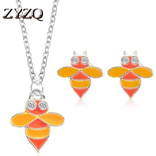 ZYZQ Cute Lovely Honeybee Necklace&Stud Earrings 2PC Jewelry Sets Passion Stylish Women Accessories Wholesale Lots&Bulk Jewel