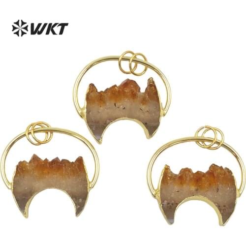 WT-P1626 Fashion Yellow Crystal Quartz Pendant Crescent Stone Pendant With Big Ring Gold Eletroplated For Women