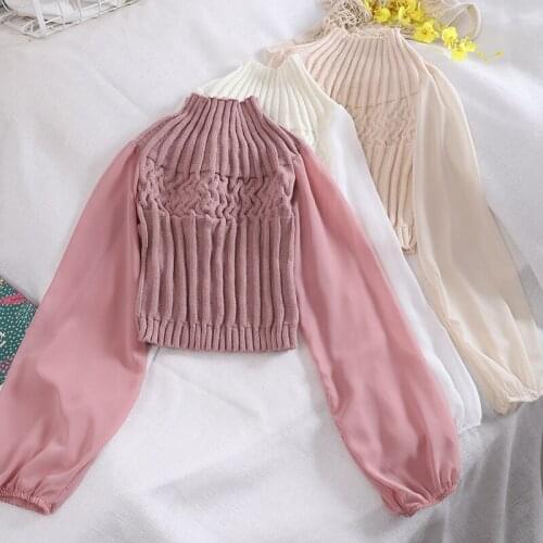 Knitted Braid Pattern T Shirt Mesh Chiffon Puff Sleeve Crop Top Women Lovely Slim Camiseta Feminina Camisa Mujer