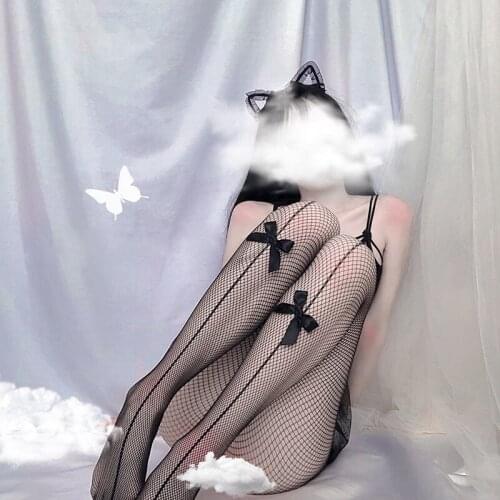 Women Sexy Fishnet Pantyhose Lolita Style Thigh High Black Bowknot Mesh Body Stockings Loli Transparent Party Club Wear Tights