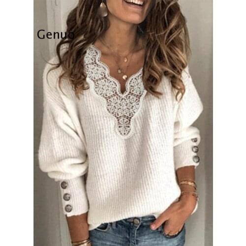 Women Lace patchwork Sweaters Autumn Buttons knit pullovers Elegant Winter Sexy V Neck Knitted sweater tops jumpers 5XL