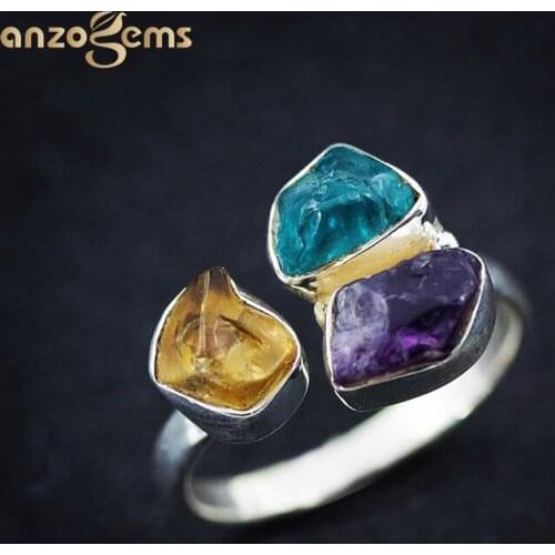 Anzogems Handmade Rough Stone Ring Natural Amethyst Citrine Apatite 925 Sterling Silver Gemstone Fine Jewelry for Women Unique