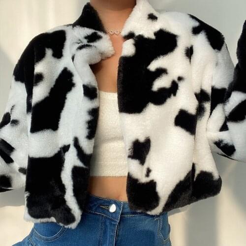 Black White Cute Cow Anime Faux Fur Coats Woman Autumn Winter 2021 Harajuku Y2k Crop Top Overcoat Teddy Jacket Gothic Streetwear