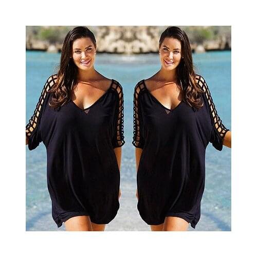 Plus Size Beach Dress Cover Up Women half sleeve v-neck Summer loose black Mini Dresses Ladies Beach Shorts Sundress 2xl 3xl