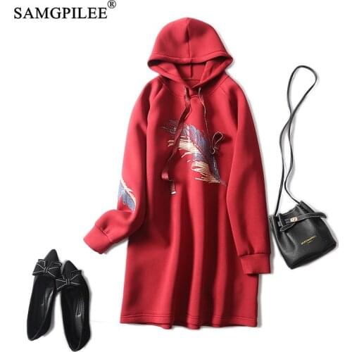 Winter Dresses For Women 2021 Casual A-line Print Full Sleeve Embroidery Empire Hooded Korean Fashion Clothing Plus Size Dress