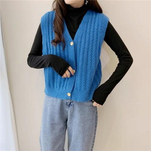 5 Colors Women Knitted Vest Autumn Winter 2020 Loose Korean Sleeveless Sweater Casual Wram Cardigan White Blue Yellow Fall New