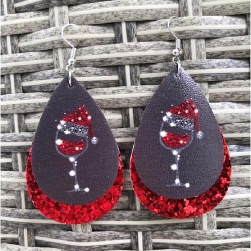 Glitter PU Leather Drop Earrings for Women Dangle Earring Girl Valentines Gift Christmas Double Wine Glass Jewelry Wholesale