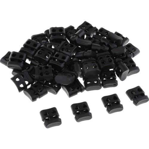 Fityle 50pcs Black Plastic Non-slip Double Hole String Cord Locks for Shoelace Bags Pants Hole Diameter 4mm