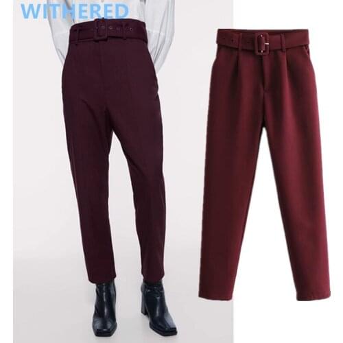 Jenny&Dave women pantalones new england office lady simple solid high waist sashes suits mujer pantalon femme trousers women