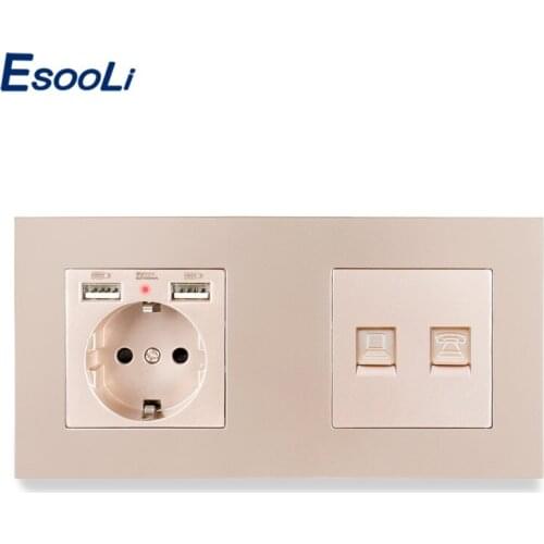 Esooli PC Panel EU Standard Electric Socket with 2 USB + RJ45 CAT5E Internet Jack Wall Data Socket Computer Outlet 172*86MM