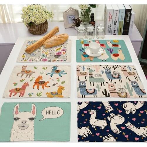 1Pcs Alpaca Pattern Kitchen Placemat Cotton Linen Dining Table Mats Coaster Pad Bowl Cup Mat 42*32cm Home Decor ML0009