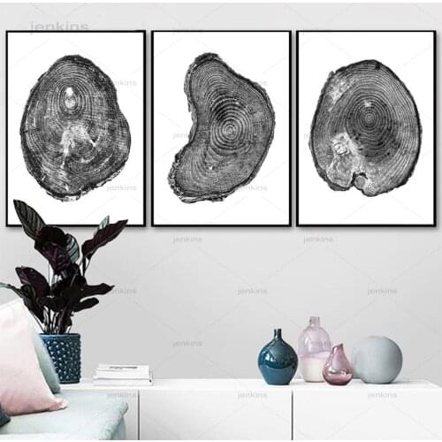 Tree Rings Poster Prints Black and White Tree Wall Art Log Slice Canvas Painting Oak Pine Tree Wood Pictures Home Modern Decor
