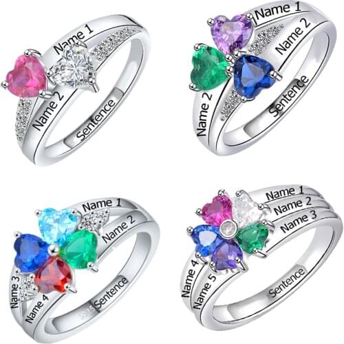 Sg Personalized 925 Sterling Silver Rings Custom Heart Birthstone Ring with 2-5 Names Jewelry for Women Mother Days Gift