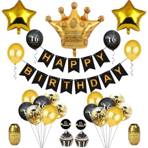 Black Gold Adult Number Happy Birthday Latex Confetti Balloon Flag Topper Stick Set Mom Dad Grandparent Birthday Party Decor