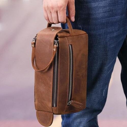 Genuine leather men wash bag casual travel cosmetic case vintage cow leather makeup bag handbag toiletry bag