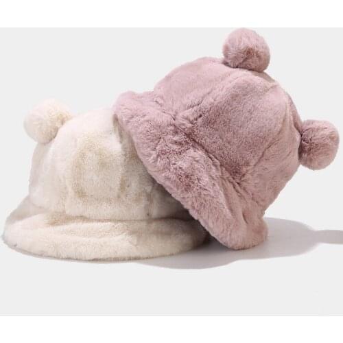 Autumn Plush Bucket Hat Womens Tide Cute Winter Ball Thickened Rabbit Fur Warm Panama Literary Fisherman Hats Vacation Cap
