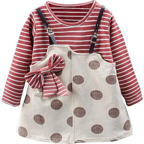 Baby Girl Dress Long Sleeve T-shirt Tops Cute Infant Girl Princess Kids Clothes Casual Stripe Splicing Bow Gown Toddler Dresses