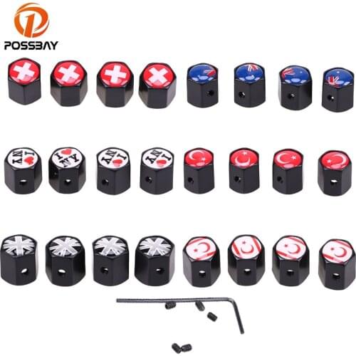 POSSBAY 4 Pcs Stainless Steel Car Wheel Tire Tyre Valves Caps Turkey/UK/Norway/Swiss Flag Logo Emblem Badge Caps
