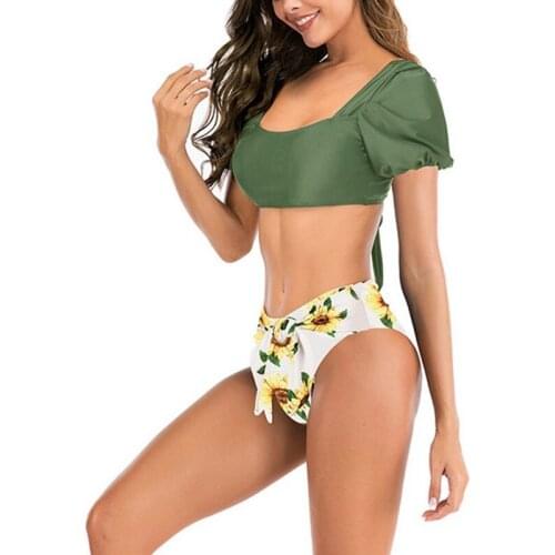 Sexy Puff Sleeve Bikini Swimsuit Women Push Up Biquini Set Patchwork Summer Beach Wear High Waist Bathing Suit Swimwear