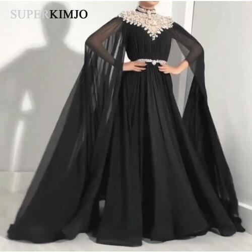 SuperKimJo High Neck Black Prom Dresses Long Crystals Beads Dubai Caftan Elegant Chiffon Prom Gown Vestidos De Gala