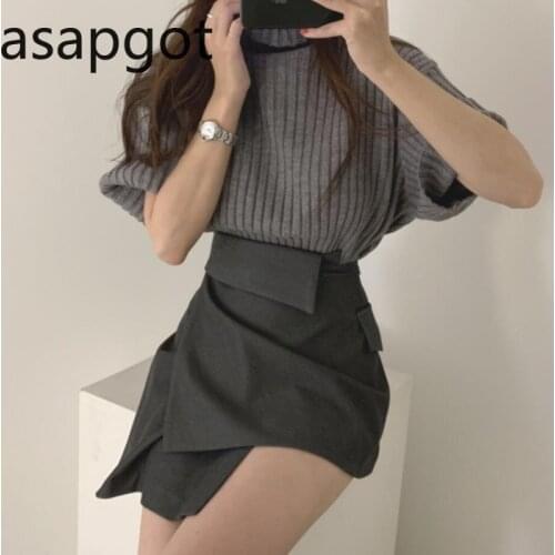 Korean Ins Grey Fashionable Retro Turtleneck Half Sleeve Sweater Knit Shirts Women Tops Black Pullovers Sweater Spring Autumn