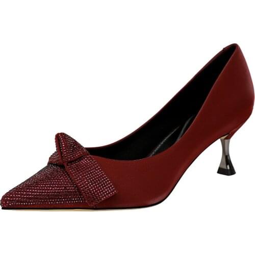 Wine Red Pumps Fashion Elegant Banquet High Heels Metal Shallow Point Toe Womens Shoes Bowknot Lovely Womens Shoes