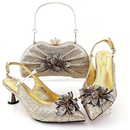 Doershow fashion Shoes and Bag Set African Sets gold Color Italian Shoe Bag Set Decorated with Rhinestone High Quality SYD1-19