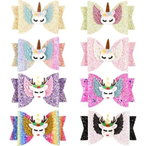 10pcs/Lot 3.54inch Glitter Unicorn Hair Bow Clips For Girls Boutique Princess Colorful Hair Accessories Birthday Party Headdress