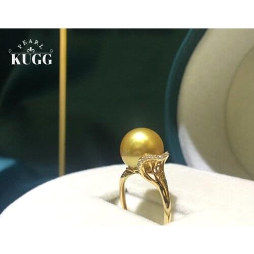 KUGG PEARL 18k Yellow Gold Rings 11-12mm Natural South Sea Gold Pearl Ring Engagement Diamond Jewelry for Women Party