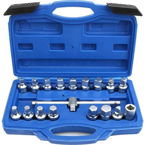 18PCS Oil Drain Pipe Plug Socket Set Screws Removal Tool Triangle Square Hexagon T-bar Remover Sleeve Special Tools
