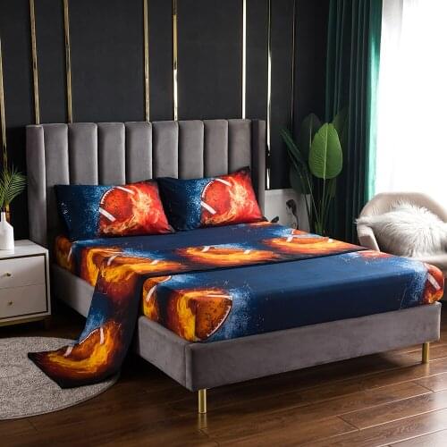 3/4pcs Queen King Size Dark Bed Sheet Set Covers Football Fire Print Flat Fitted Bed Sheets with Pillowcase Double Bedclothes
