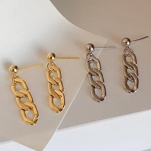 925 Needle Korea Cuba Bright Gold Color Exaggerated Metal Chain Drop Earring Retro Punk Chain Earrings Vintage Womens Jewelry
