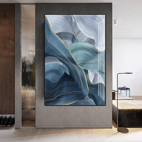 Abstract Art Print Blue Golden Lines Canvas Painting Nordic Home Decor Living Room Wall Art Picture HD Graffiti Oil Painting