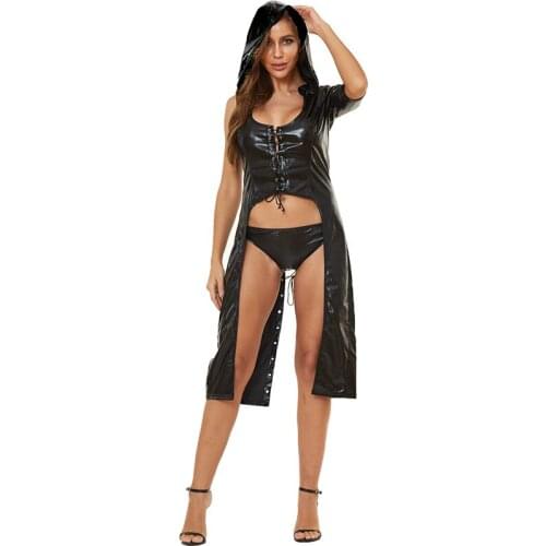 Black PU Leather Hooded Lace Up Halloween Costumes For Women Sexy Devil Outfit Witch Uniform Vampire Fancy Dress Party Clubwear