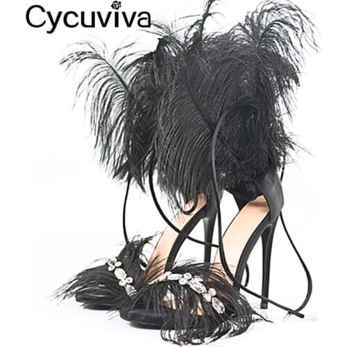 Cycuviva Black Feather Sandals For Women Ostrich Hair Decor Thin High Heels Dance Shoes Ladies Fur Sandals T Show Party Shoes